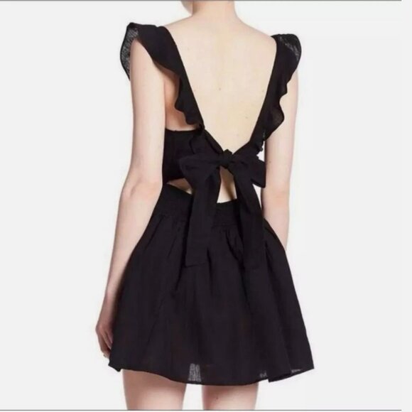 Free People Erin Linen Mini Dress Black Large Ruffle Back Bow Boho Cottagecore - Picture 4 of 16